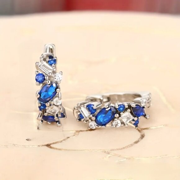 925 Silver Womens 1ct Diamond 2ct Blue Sapphire Gemstone Small Hoop Earrings NEW - Picture 4 of 7